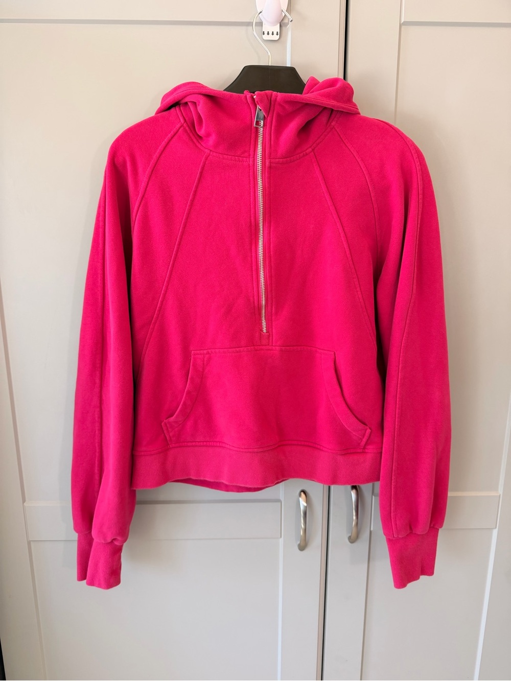 Women’s Hot Pink Half-Zip Hoodie Sweater with Thumb Holes